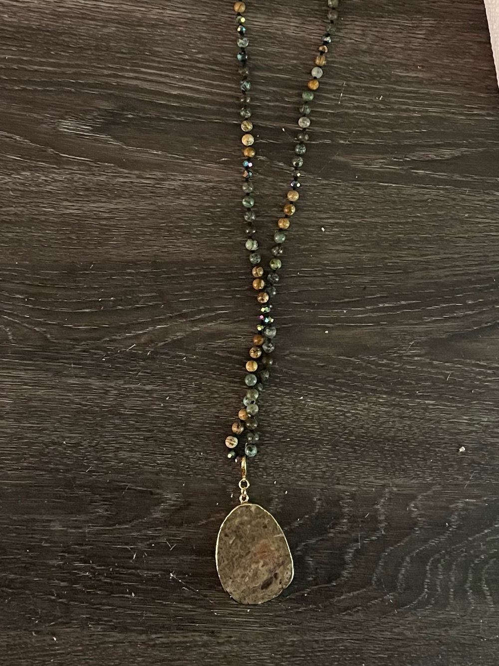 Park Lane Green and Brown Beaded Necklace with Natural Stone Pendant